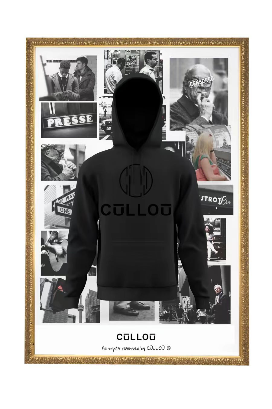 Schwarzer Hoodie mit CŪLLOŪ-Schriftzug vor einer gerahmten Schwarz-Weiß-Fotocollage