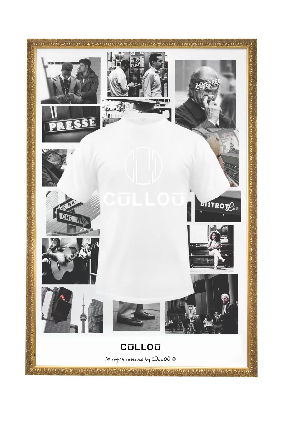 Weißes T-Shirt mit CŪLLOŪ-Monogramm vor einer gerahmten Schwarz-Weiß-Fotocollage
