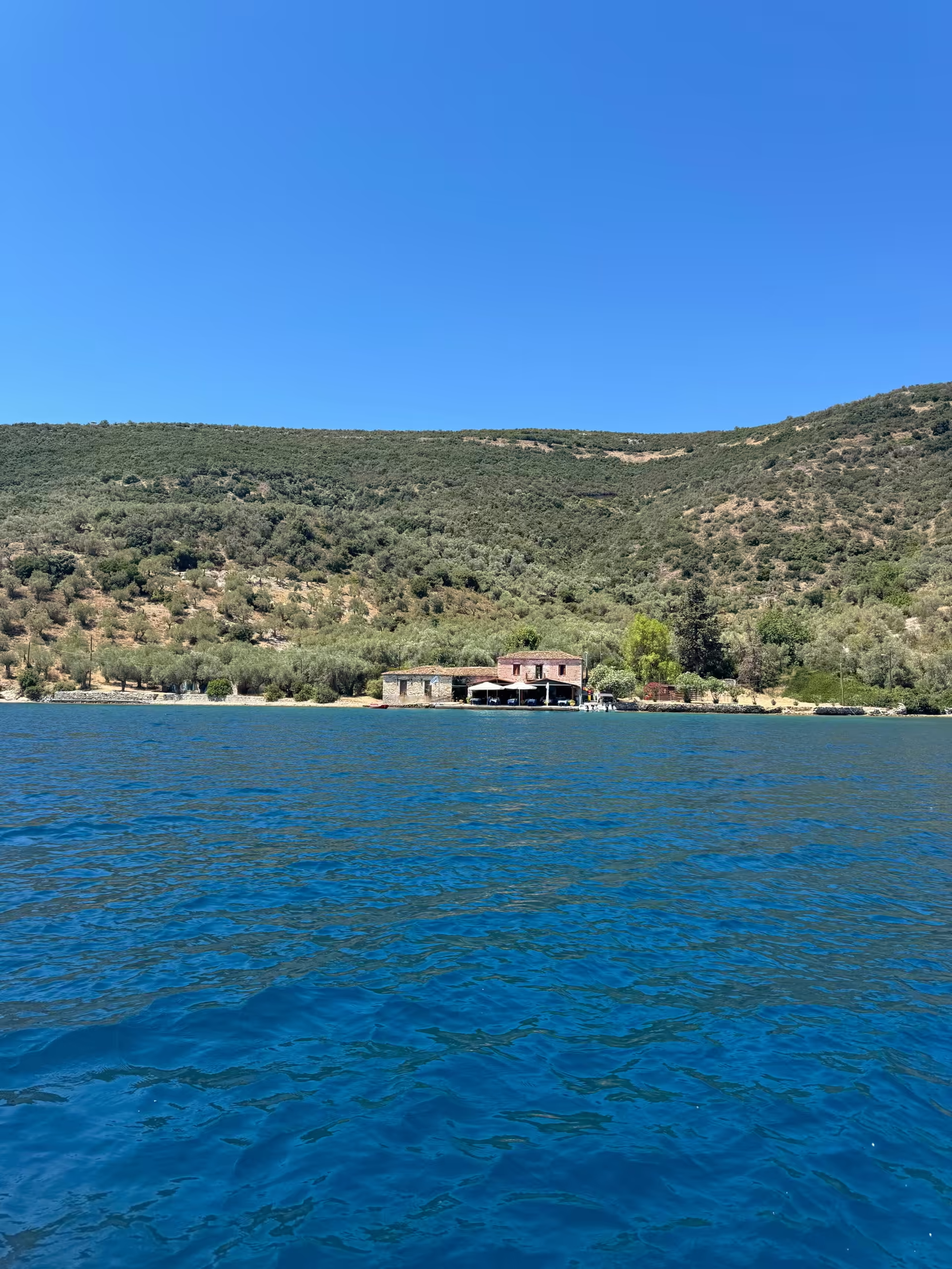 Bucht am Pilion vom Wasser aus, das Steinhaus am Ufer zwischen Olivenh&auml;ngen