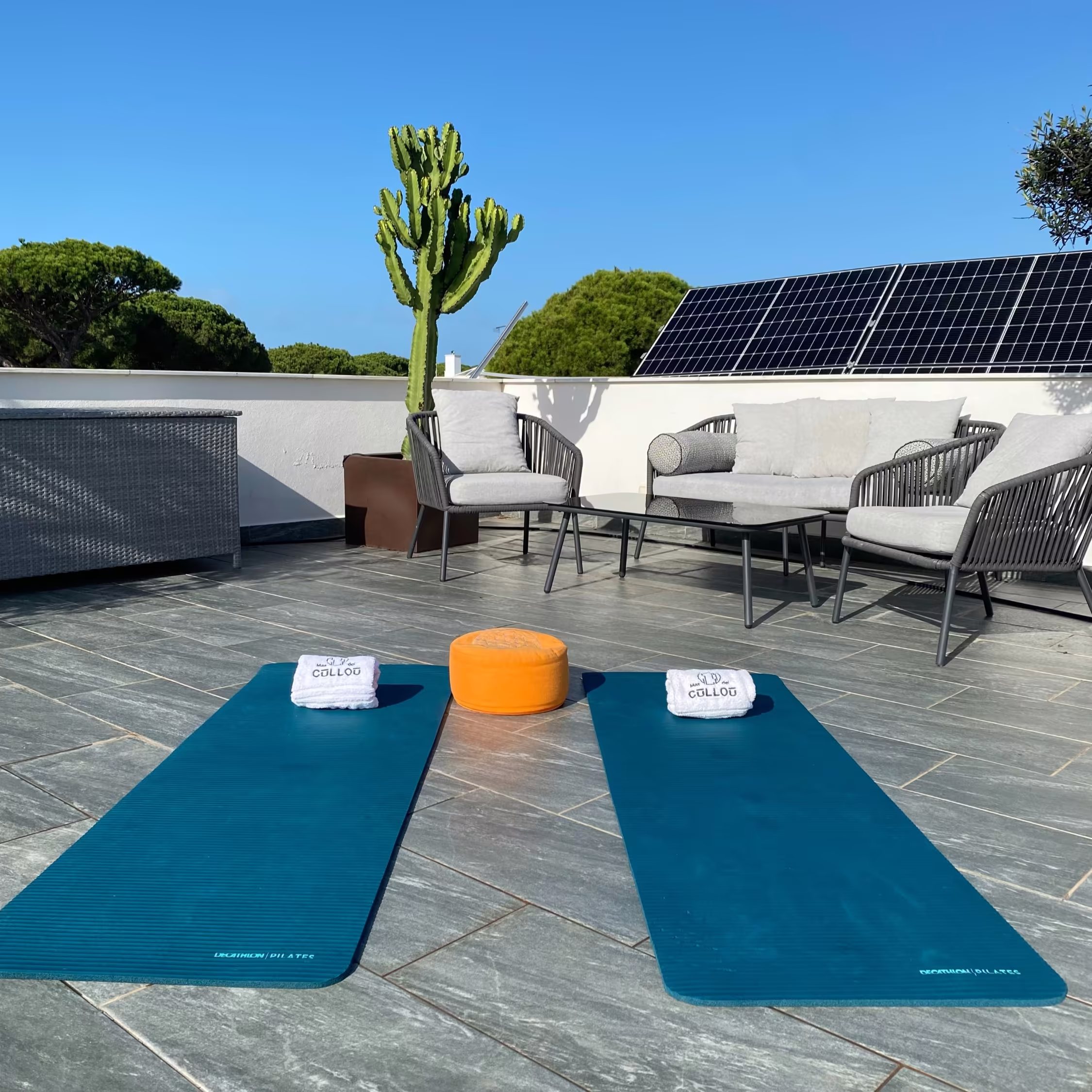 Dachterrasse mit Loungem&ouml;beln, Kaktus und ausgerollten Yogamatten