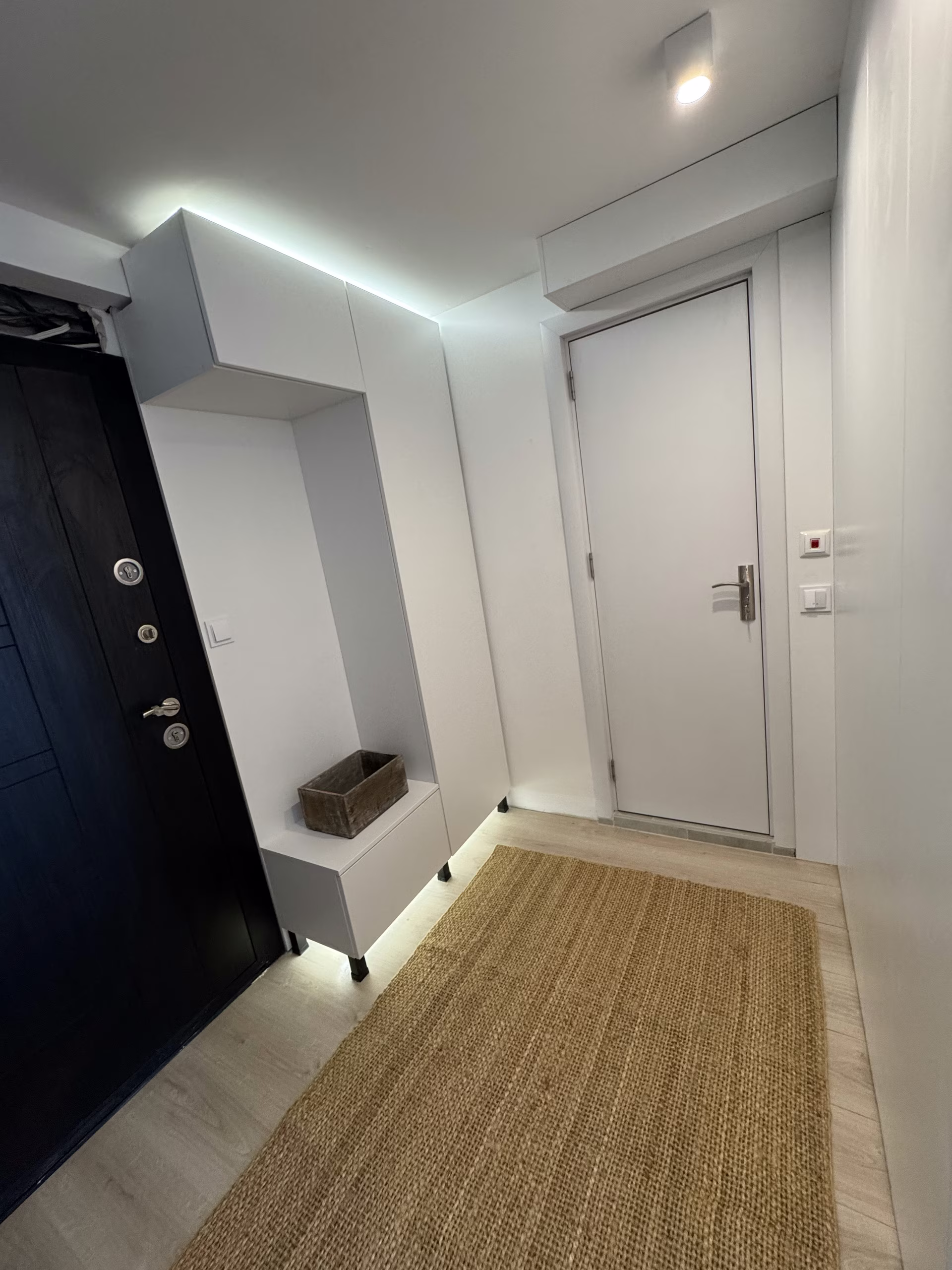 Eingangsbereich mit dunkler Wohnungst&uuml;r und Ablage