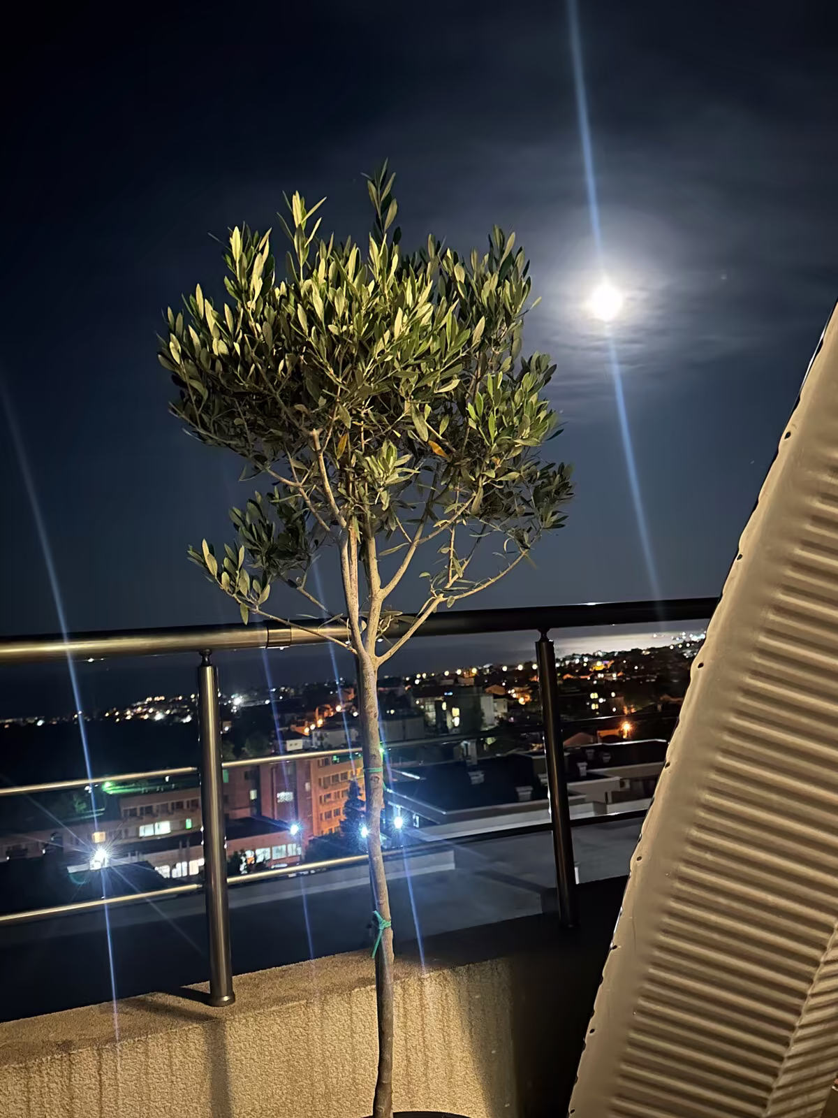 Terrasse bei Nacht, darunter die Lichter der Stadt